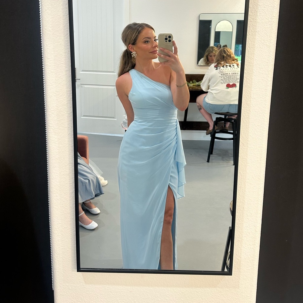 Azazie Blue One-Shoulder Slit Bridesmaid Dress
